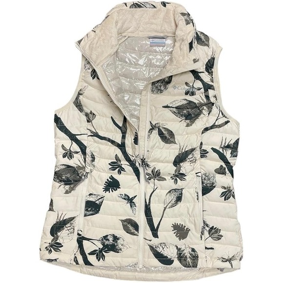 Columbia Women's Sz Small White Out Puffer Vest Omni Heat Insulated Floral Zip - Picture 1 of 5